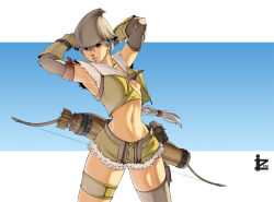 Rule 34 | 1girl, arrow (projectile), bow (weapon), braid, breasts, elbow gloves, gloves, hat, highres, irving-zero, long hair, midriff, navel, pouch, quiver, ragnarok online, red eyes, short shorts, shorts, silver hair, single braid, single thighhigh, sniper (ragnarok online), solo, thigh strap, thighhighs, weapon