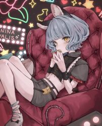 Rule 34 | 1girl, animal ears, ankle strap, armchair, black shirt, blunt bangs, cat ears, cat girl, cat tail, chair, character name, closed mouth, commentary, cropped shirt, foot out of frame, from side, garter belt, grey footwear, grey hair, grey shorts, group name, highres, knees up, light blush, looking at viewer, looking to the side, manuka x x, midriff, navel, neon sign, nina (valis), own hands together, puffy short sleeves, puffy sleeves, shirt, shoes, short hair, short shorts, short sleeves, shorts, sinsekai studio, sitting, solo, steepled fingers, tail, valis (sinsekai), wavy hair, yellow eyes