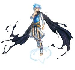 Rule 34 | 1boy, barefoot, blue hair, cape, detached pants, feet, full body, green eyes, jewelry, male focus, malicious, official art, simple background, solo, toe ring, toeless legwear, toes, valeria (malicious), white background
