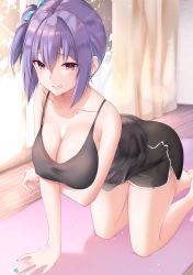 Rule 34 | 1girl, all fours, arm under breasts, bent over, breast rest, breasts, cleavage, commentary, highres, large breasts, original, purple hair, red eyes, short shorts, shorts, wasami (a27678193a), yoga
