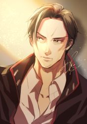 Rule 34 | black hair, black jacket, brown eyes, closed mouth, code zero uniform, dated, dress shirt, grey background, highres, jacket, light particles, light rays, looking to the side, maede yoshinbu, makoto1009, mars red, mature male, military, military jacket, military uniform, partially unbuttoned, shirt, signature, twitter username, uniform, white shirt