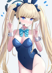 Rule 34 | 1girl, alternate hairstyle, amenocchi, bare shoulders, blue archive, blue bow, blue eyes, blue leotard, bow, breasts, cleavage, commentary request, detached collar, double v, hair bow, hair ribbon, halo, headset, highleg, highleg leotard, highres, leotard, light brown hair, long hair, looking at viewer, medium breasts, multicolored hair, official alternate costume, playboy bunny, ribbon, sidelocks, simple background, sleeveless, solo, strapless, strapless leotard, streaked hair, toki (blue archive), toki (bunny) (blue archive), twintails, two-tone hair, v, white background, wrist cuffs