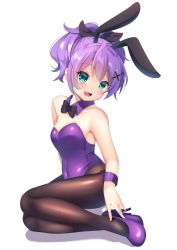 Rule 34 | 1girl, :d, alternate costume, animal ears, azur lane, bare shoulders, blush, bow, bowtie, breasts, commentary, covered navel, detached collar, english commentary, fake animal ears, fishnet pantyhose, fishnets, full body, green eyes, hair ornament, hairclip, high heels, ikazu401, javelin (azur lane), leotard, looking at viewer, open mouth, pantyhose, playboy bunny, purple hair, rabbit ears, simple background, sitting, small breasts, smile, solo, white background, wristband, yokozuwari