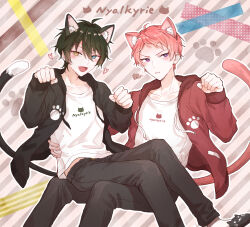 Rule 34 | 2boys, absurdres, animal ears, animal slippers, aqua eyes, black pants, cat boy, cat ears, cat tail, clenched hand, clenched hands, closed mouth, commentary request, drawstring, ensemble stars!, fingernails, green hair, hair between eyes, hand on another&#039;s hip, heart, heterochromia, highres, hood, hood down, itsuki shu, jacket, kagehira mika, long sleeves, male focus, multiple boys, open clothes, open jacket, open mouth, pants, paw pose, paw print, pink hair, purple eyes, shirt, short hair, sitting, sitting on person, slippers, striped, tail, valkyrie (ensemble stars!), wednesday 108, white shirt, yellow eyes