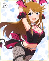 Rule 34 | 1girl, ahoge, armband, armpits, arms up, black shirt, black shorts, blue background, blue eyes, blush, breasts, brown hair, card (medium), cleavage, commentary request, crop top, dated, demon tail, demon wings, fang, fishnets, frilled armband, frills, head wings, heart, idolmaster, idolmaster million live!, idolmaster million live! theater days, long hair, looking at viewer, low wings, medium breasts, midriff, navel, open mouth, pink ribbon, ribbon, shirt, short shorts, shorts, sidelocks, signature, smile, solo, tail, thigh strap, thighs, tokoro megumi, tun, wings