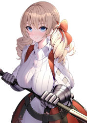 Rule 34 | 1girl, armor, blonde hair, blue eyes, blush, bow, breasts, brown hair, closed mouth, commentary, gauntlets, hair between eyes, hair bow, hair ribbon, highres, holding, large breasts, long hair, long sleeves, looking at viewer, polearm, puffy long sleeves, puffy sleeves, red bow, red skirt, ribbed sweater, ribbon, ririko (zhuoyandesailaer), scarlett (unicorn overlord), simple background, skirt, smile, solo, suspender skirt, suspenders, sweater, turtleneck, turtleneck sweater, unicorn overlord, weapon, white background, white sweater
