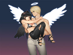 Rule 34 | 1boy, 1girl, angel, angel and devil, bikini, bikini top only, black hair, black pants, black wings, bling (wnsdud34), blonde hair, breasts, carrying, chain necklace, chain, demon girl, demon horns, halo, high heels, horns, jewelry, large breasts, leather, leather pants, long hair, looking at another, looking away, mabinogi, mabinogi heroes, muscular, necklace, pants, princess carry, red eyes, smile, swimsuit, topless, wavy mouth, white pants, white wings, wings