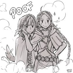 Rule 34 | 2girls, animal ears, armor, artist name, blush, braid, dlanon, facing viewer, fire emblem, fire emblem fates, greyscale, hand on another&#039;s cheek, hand on another&#039;s face, hand on own hip, hood, long braid, monochrome, multiple girls, nina (fire emblem), nintendo, smile, smoke, sparkle, tail, tail wagging, upper body, velouria (fire emblem), wolf ears, wolf tail