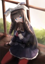 Rule 34 | 1girl, arm support, bad id, bad pixiv id, belt, belt pouch, black gloves, blue eyes, blue skirt, blush, book, book to mouth, bow, brown hair, bush, commentary request, covering own mouth, day, diary, drill hair, drill sidelocks, fingerless gloves, girls&#039; frontline, gloves, hair bow, hand up, head tilt, highres, holding, holding book, holding pen, howa type 64 (girls&#039; frontline), indoors, izumi roka, large bow, long hair, looking at viewer, necktie, pantyhose, pen, pouch, red necktie, red pantyhose, sailor collar, shirt, sidelocks, sitting, skirt, solo, sunlight, tree, untucked shirt, very long hair, white bow, windowsill