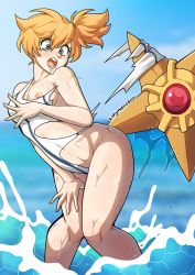 Rule 34 | adapted costume, asymmetrical hair, bare legs, blush, breasts, creatures (company), game freak, gen 1 pokemon, green eyes, gym leader, hand on own thigh, highres, kinkymation, knees together feet apart, medium breasts, misty (pokemon), nintendo, nipples, one-piece swimsuit, one eye closed, orange hair, partially submerged, pokemon, pokemon (creature), pokemon hgss, ponytail, short hair, side ponytail, spread legs, standing, staryu, swimsuit, thighs, torn clothes, torn swimsuit, wading, white one-piece swimsuit, wide hips