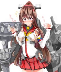Rule 34 | 10s, 1girl, anchor, bad id, bad nicoseiga id, blush, grabbing another&#039;s breast, breasts, brown hair, cherry blossoms, detached sleeves, flower, grabbing, grabbing from behind, groping, hair flower, hair ornament, headgear, kantai collection, large breasts, long hair, long sleeves, looking down, machinery, miniskirt, ponytail, purple eyes, red skirt, simple background, skirt, solo focus, tsukui kachou, turret, very long hair, white background, yamato (kancolle)