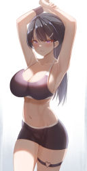 Rule 34 | 1girl, armpits, arms up, bike shorts, black bra, black hair, black shorts, bra, breasts, can zhu, cleavage, collarbone, cowboy shot, grin, hair ornament, highres, large breasts, long hair, looking at viewer, navel, original, ponytail, purple eyes, shorts, sideboob, simple background, smile, solo, sports bra, sportswear, standing, thigh strap, thighs, underwear, white background