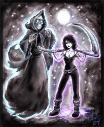 Rule 34 | 1girl, ankh, belt, black hair, boots, crossover, dc comics, death, death (dc), death (entity), discworld, floating, full moon, goth fashion, hood, jewelry, moon, necklace, pale skin, scythe, skeleton, skull, standing, the sandman