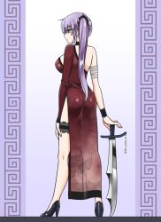 Rule 34 | 1990s (style), 1girl, ass, breasts, china dress, chinese clothes, dao (weapon), dress, faris scherwiz, final fantasy, final fantasy v, large breasts, long hair, looking at viewer, ponytail, purple hair, retro artstyle, side slit, solo, sword, weapon, yakisobapan tarou &amp; negitoro-ko