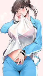 Rule 34 | 1girl, blue jacket, blue pants, blush, bra, breasts, brown eyes, brown hair, clothes lift, commentary request, double bun, hair bun, highres, idolmaster, idolmaster shiny colors, jacket, large breasts, long hair, long sleeves, looking at viewer, marushin (denwa0214), navel, open clothes, open jacket, panties, pants, pink background, pink bra, pink panties, shirt, shirt lift, short twintails, sonoda chiyoko, steaming body, sweat, track jacket, track pants, twintails, underwear, white shirt