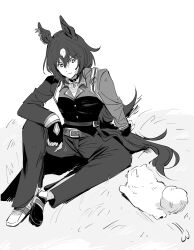 Rule 34 | 1girl, absurdres, animal, animal ears, asymmetrical footwear, belt, bojue (hakus 1128), closed mouth, collared shirt, commentary request, dog, ear ornament, fingerless gloves, full body, gloves, greyscale, highres, horse ears, horse girl, horse tail, jacket, long hair, long sleeves, mismatched footwear, monochrome, multicolored hair, on grass, pants, pendant choker, shirt, sirius symboli (umamusume), sitting, solo, streaked hair, tail, umamusume, very long hair