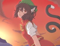 Rule 34 | 1girl, animal ears, brown hair, cat ears, cat girl, cat tail, chen, dai (touhou handdrawn), earrings, face, female focus, gazacy (dai), hat, jewelry, multiple tails, orange eyes, short hair, solo, sunset, tail, touhou