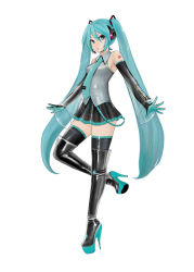 Rule 34 | 1girl, adapted costume, aqua necktie, arms at sides, black thighhighs, blouse, bodysuit, boots, collared shirt, female focus, from side, full body, glowing, green eyes, green hair, grey shirt, hair between eyes, halterneck, hatsune miku, high heel boots, high heels, highres, komii, latex, long hair, miniskirt, necktie, number tattoo, see-through, shirt, shoes, shoulder tattoo, simple background, skin tight, skirt, sleeveless, sleeveless shirt, solo, standing, standing on one leg, stiletto heels, tattoo, thigh boots, thighhighs, thighs, twintails, very long hair, vocaloid, white background