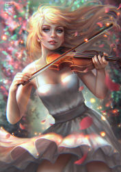 Rule 34 | 10s, 1girl, artist name, bare shoulders, blonde hair, blue eyes, blurry, blurry background, bow (music), breasts, cherry blossoms, commission, contrapposto, dress, floating hair, holding, holding instrument, holding violin, instrument, large breasts, lips, long hair, looking at viewer, miyazono kawori, music, nose, parted lips, pink lips, playing instrument, sash, serafleur, shigatsu wa kimi no uso, sleeveless, sleeveless dress, smile, solo, standing, straight hair, violin, white dress, wind