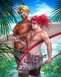 Rule 34 | 2boys, abs, alternate costume, bara, bare pectorals, beach, belt, belt buckle, beowulf (fate), black eyes, black male swimwear, black swim trunks, blonde hair, buckle, carrying, carrying under arm, chinese clothes, fate/grand order, fate (series), feet out of frame, highres, holding, holding surfboard, large pectorals, li shuwen (fate), li shuwen (young) (fate), long hair, male focus, male swimwear, multiple boys, muscular, navel, nipples, parted bangs, pectorals, plant, ponytail, red eyes, red hair, renga2250, scar, shell, short hair, shorts, spiked hair, sunglasses, surfboard, swim trunks, swimsuit, toned, toned male, topless male, tree, white shorts