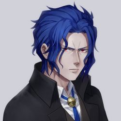 Rule 34 | 1boy, aged down, asura (asr4000), blouse, blue hair, blue necktie, collared shirt, fate/grand order, fate (series), grey background, matou zouken, necktie, parted bangs, red eyes, shirt, short hair, simple background, solo, upper body, wavy hair, white shirt