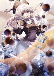 Rule 34 | 1girl, :o, air bubble, bow, brown bow, brown dress, brown eyes, bubble, bubble tea, dress, food fantasy, food-themed clothes, glasses, ice, ice cube, long hair, long sleeves, personification, saubupo, solo, standing, underwater, white hair