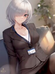 Rule 34 | 1girl, artist logo, black jacket, black skirt, breasts, cleavage, collarbone, couch, eyes visible through hair, formal, grey eyes, grey hair, hair over one eye, highres, id card, indoors, infinote, jacket, lanyard, large breasts, lips, long sleeves, looking at viewer, miniskirt, office lady, original, panties, panties under pantyhose, pantyhose, pantyshot, parted lips, pencil skirt, plant, potted plant, sashou mihiro, shirt, short hair, signature, sitting, skirt, smile, solo, underwear, white shirt
