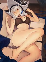 Rule 34 | 1girl, absurdres, arknights, bare legs, barefoot, black bra, black choker, black hat, bottomless, bra, breasts, choker, circular saw, cleavage, commission, couch, distr, hat, headwear request, highres, indoors, lace, lace bra, large breasts, legs, long hair, looking at viewer, lying, navel, on back, on couch, red eyes, saw, sharp teeth, smile, solo, specter (arknights), specter the unchained (arknights), stomach, teeth, two-tone hat, underwear, underwear only, white hair, white hat