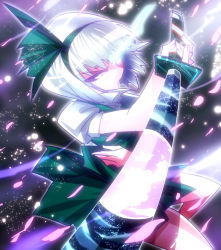 Rule 34 | 1girl, action, bad id, bad pixiv id, black eyes, cloud, collared shirt, full moon, glowing, glowing eye, green skirt, green vest, hairband, konpaku youmu, legs, light particles, looking at viewer, moon, night, night sky, petals, reflection, reverse grip, serious, shirt, short hair, silver hair, skirt, skirt set, sky, sodk, solo, star (sky), starry sky, thighs, touhou, vest, white shirt