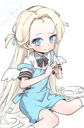 absurdres angel_wings apron blonde_hair blue_apron blue_archive blue_eyes bow bowtie choi1 hair_behind_ear hair_ribbon halo highres long_hair looking_at_viewer on_floor ribbon short_sleeves sitting sleeve_cuffs socks sora_(blue_archive) store_clerk very_long_hair wariza wings