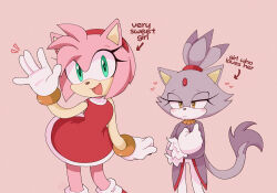 Rule 34 | 2girls, ame (beeames), amy rose, animal ears, bad id, bad tumblr id, blaze the cat, blush, cat ears, cat girl, cat tail, dress, eyelashes, forehead jewel, fur-trimmed gloves, fur trim, furry, furry female, gloves, gold necklace, green eyes, hairband, heart, hedgehog girl, highres, jacket, jewelry, looking at viewer, multiple girls, necklace, open mouth, pants, pink background, pink fur, ponytail, purple fur, purple jacket, red dress, red hairband, simple background, sonic (series), tail, waving, white gloves, white pants, yellow eyes, yuri
