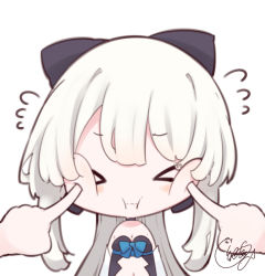 Rule 34 | &gt; &lt;, 1girl, 1other, :i, beni shake, black bow, black leotard, blue bow, blush, bow, cheek poking, closed eyes, closed mouth, commentary request, detached sleeves, facing viewer, fate/grand order, fate (series), flying sweatdrops, hair bow, leotard, long hair, morgan le fay (fate), navel, poking, ponytail, sidelocks, signature, simple background, strapless, strapless leotard, upper body, very long hair, wavy mouth, white background, white hair, white sleeves