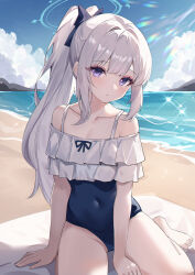 Rule 34 | 1girl, absurdres, bare legs, bare shoulders, barefoot, beach, blue archive, blue halo, blue one-piece swimsuit, blush, closed mouth, collarbone, covered navel, day, frilled one-piece swimsuit, frills, grey hair, halo, highres, long hair, looking at viewer, miyako (blue archive), miyako (swimsuit) (blue archive), ocean, one-piece swimsuit, outdoors, ponytail, purple eyes, sitting, solo, swimsuit, usagi (786113654), yokozuwari