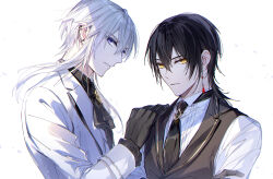 Rule 34 | 2boys, black gloves, black hair, black jacket, black necktie, black shirt, blue eyes, closed mouth, collared shirt, commentary request, ear piercing, earrings, faust (mochizuki shiina), gloves, hair between eyes, hand on another&#039;s shoulder, highres, jacket, jewelry, long sleeves, lucas (mochizuki shiina), male focus, mochizuki shiina, multiple boys, necktie, original, parted lips, piercing, shirt, simple background, white background, white hair, white jacket, white shirt, yellow eyes