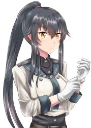 Rule 34 | 1girl, absurdres, belt, black hair, breasts, gloves, highres, kantai collection, large breasts, long hair, nipa (graf xsr900), ponytail, school uniform, simple background, very long hair, white gloves, yahagi (kancolle), yellow eyes
