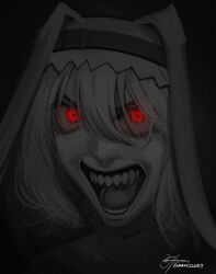 Rule 34 | 1girl, :d, absurdres, arknights, commentary, habit, hair between eyes, harris hero, highres, limited palette, open mouth, red eyes, sharp teeth, signature, smile, solo, specter (arknights), spot color, teeth