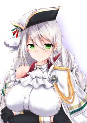 Rule 34 | 1girl, aquila (azur lane), ascot, azur lane, badge, black gloves, breasts, coat, coat on shoulders, commentary request, crossed arms, detached sleeves, eyes visible through hair, gloves, green eyes, hair between eyes, hat, large breasts, long hair, looking at viewer, sideboob, sidelocks, simple background, smile, solo, tetsuhige, white background, white hair