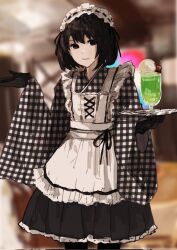 Rule 34 | 1girl, alternate costume, apron, black dress, black eyes, black gloves, black hair, black kimono, black pantyhose, black ribbon, blurry, blurry background, bob cut, bow, cherry, closed mouth, commentary, cowboy shot, cup, depth of field, dress, dress bow, drink, drinking glass, empty eyes, enmaided, food, frilled apron, frilled hairband, frills, fruit, furisode, gloves, hair between eyes, hair ribbon, hairband, hand up, highres, holding, holding drink, holding tray, ice, ice cube, indoors, japanese clothes, kimono, lace-up, light smile, long sleeves, looking at viewer, maid, maid apron, maid headdress, monogatari (series), monogatari series puc puc, obi, oshino ougi, pale skin, pantyhose, plaid kimono, ribbon, sash, short hair, solo, spread legs, standing, tray, two-tone kimono, valhalla0707, w arms, wa maid, white apron, white hairband, white kimono, white sash, wide spread legs