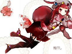 Rule 34 | 1girl, bad id, bad pixiv id, blunt bangs, character name, facial tattoo, flower, food, garter straps, hat, high heels, juliet sleeves, long sleeves, original, personification, plum, plum blossoms, puffy sleeves, red eyes, red hair, skirt, solo, tattoo, thighhighs, tsukiyo (skymint)