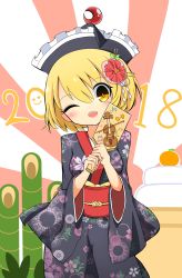 Rule 34 | 1girl, 2018, ;d, absurdres, alternate costume, blonde hair, blush, commentary request, eighth note, floral print, food, fruit, hagoita, hair between eyes, hair ornament, hat, highres, holding, inon, instrument, japanese clothes, kadomatsu, kimono, looking at viewer, lunasa prismriver, mandarin orange, musical note, obi, one eye closed, open mouth, paddle, print kimono, sash, short hair, smile, solo, touhou, violin, yellow eyes