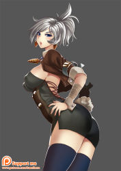 Rule 34 | 1girl, blue eyes, breasts, covered erect nipples, dress, gauntlets, jacket, kaorihero, large breasts, league of legends, open clothes, open jacket, open mouth, riven (league of legends), short dress, silver hair, solo, thighhighs, thighs, zettai ryouiki