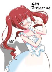 Rule 34 | 1girl, bare arms, bare shoulders, blush, bow, breasts, cleavage, collarbone, commentary request, dress, eyepatch, frilled dress, frills, hanazono yurine, hands up, jashin-chan dropkick, looking at viewer, medical eyepatch, muu rian, parted lips, red eyes, red hair, ringlets, shadow, simple background, sleeveless, sleeveless dress, small breasts, solo, translation request, twintails, white background, white bow, white dress