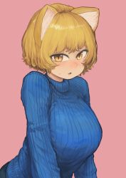 Rule 34 | 1girl, :o, absurdres, animal ears, arms at sides, blonde hair, blue sweater, blush, breasts, chanta (ayatakaoisii), commentary request, cowboy shot, eyebrows hidden by hair, fox ears, from side, highres, large breasts, leaning forward, looking at viewer, nose blush, open mouth, parted hair, pink background, ribbed sweater, short hair, simple background, slit pupils, solo, sweatdrop, sweater, touhou, upper body, yakumo ran, yellow eyes