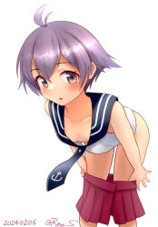 Rule 34 | 1girl, antenna hair, black necktie, black sailor collar, bottomless, brown eyes, dated, downblouse, feet out of frame, kantai collection, leaning forward, looking at viewer, necktie, no panties, one-hour drawing challenge, pleated skirt, purple hair, ray.s, red skirt, sailor collar, sailor shirt, sakawa (kancolle), shirt, short hair, simple background, skirt, sleeveless, sleeveless shirt, solo, twitter username, undressing, white background, white shirt