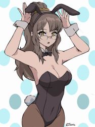 Rule 34 | 10s, 1girl, absurdres, animal ears, arms up, bae joohyun, black leotard, breasts, brown eyes, brown hair, cleavage, detached collar, fake animal ears, futaba rio, glasses, highres, large breasts, leotard, long hair, looking at viewer, open mouth, pantyhose, playboy bunny, ponytail, rabbit ears, rabbit girl, rabbit tail, seishun buta yarou, solo, strapless, strapless leotard, tail, wrist cuffs
