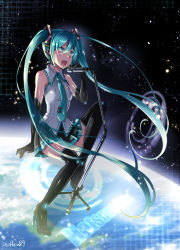 Rule 34 | 1girl, aqua eyes, aqua hair, black footwear, black gloves, boots, caffein, character name, earth (planet), elbow gloves, gloves, hair between eyes, hatsune miku, high heel boots, high heels, highres, holding, holding microphone, invisible chair, long hair, microphone, necktie, open mouth, planet, pleated skirt, sitting, skirt, sleeveless, solo, thigh boots, thighhighs, twintails, vocaloid
