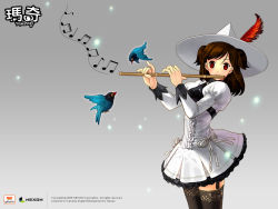 Rule 34 | 1girl, player character (mabinogi), beamed quavers, bird, brown hair, flute, gradient background, hat, instrument, long sleeves, mabinogi, musical note, quaver, red eyes, short twintails, solo, thighhighs, twintails