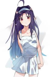 Rule 34 | 1girl, :/, ahoge, alternate costume, arms behind back, bare shoulders, breasts, closed mouth, dress, hair intakes, hairband, highres, kochi (wwwkyck), long hair, looking at viewer, own hands together, parted bangs, pointy ears, purple hair, red eyes, sleeveless, sleeveless dress, small breasts, solo, sword art online, white background, white dress, white hairband, yuuki (sao)