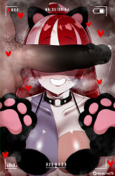 Rule 34 | 1boy, 1girl, absurdres, alternate breast size, animal ears, animal hands, battery indicator, black choker, breasts, cat choker, cat ears, censored, choker, cleavage, clenched teeth, collarbone, colored skin, commentary, cum, english commentary, erection, fake animal ears, gloves, grey hair, grin, heart, hetero, highres, hololive, hololive indonesia, honeymelon, huge penis, kureiji ollie, large breasts, large penis, long hair, looking at penis, male pubic hair, multicolored hair, multicolored skin, nude, o-ring, o-ring choker, patchwork skin, paw gloves, penis, penis awe, penis on face, penis over eyes, pink hair, precum, precum string, pubic hair, recording, red hair, smile, solo focus, stitched face, stitches, stray pubic hair, teeth, testicles, timestamp, viewfinder, virtual youtuber, zombie