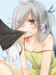 Rule 34 | 10s, 1girl, ahoge, akino shuu, asashimo (kancolle), bare shoulders, biting, blue background, camisole, clenched teeth, eyes visible through hair, fang, gloves, grey eyes, hair over one eye, kantai collection, long hair, long sleeves, ponytail, silver hair, simple background, sitting, sleeveless, solo focus, strap slip, teeth, v arms, white gloves